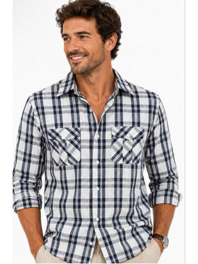 Men's Paper Denim & Cloth Plaid Casual Button Down Shirt L White Navy Blue